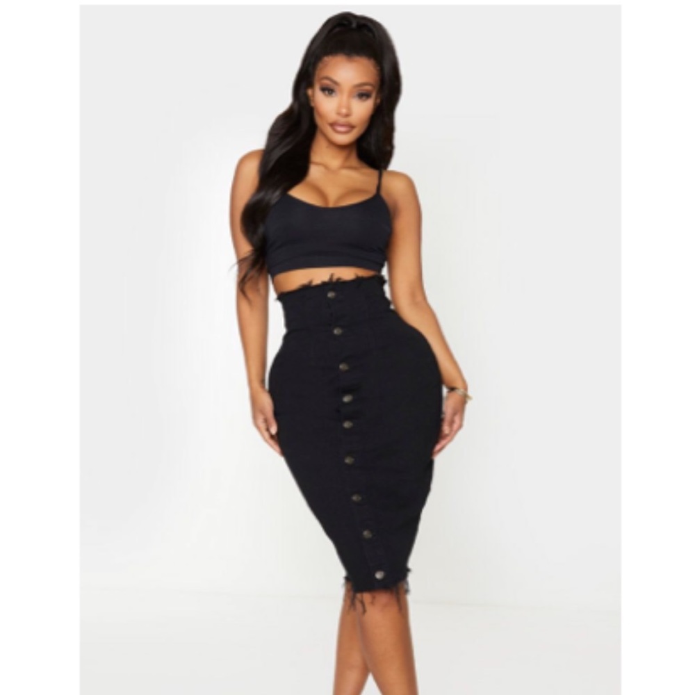 Shape Black Button Front Detail Denim Midi Skirt